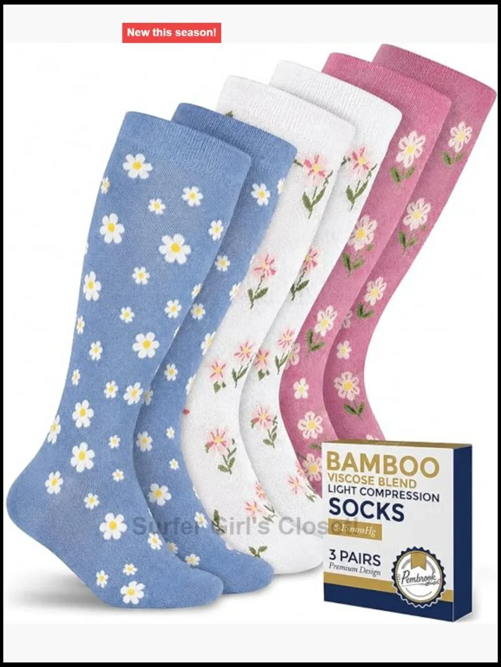 Bamboo Viscose Light Compression Socks 3 Pairs Knee High 8-15 mmHg
